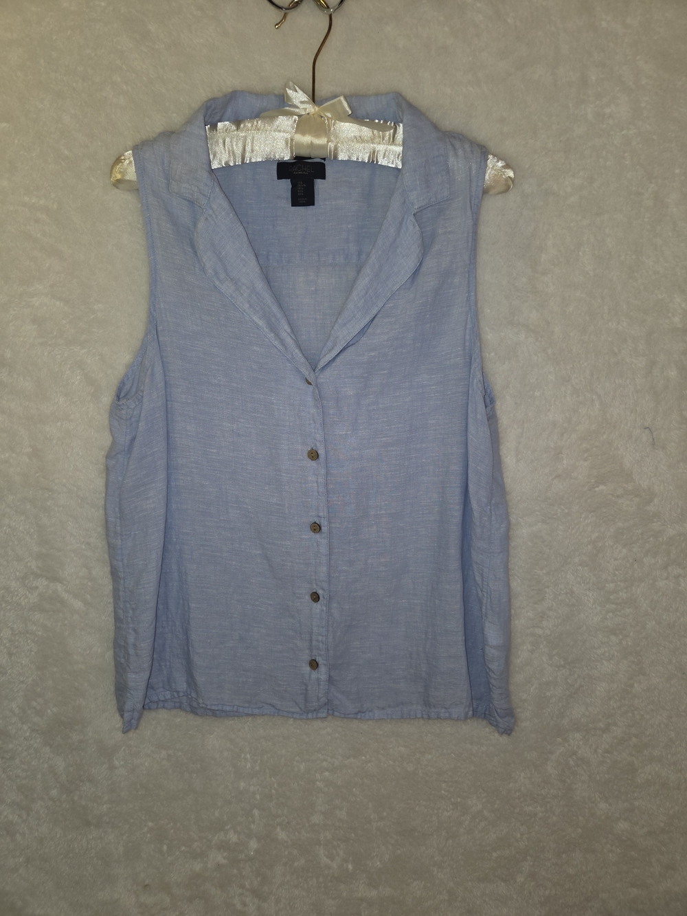 Rachel Roy Light Blue 100% Linen Cottagecore Sleeveless Button Down Blouse Sz L